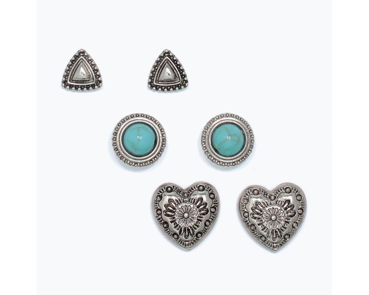 Silver And Turquoise Stud Trio – Intricate Shapes in Coordinated Style