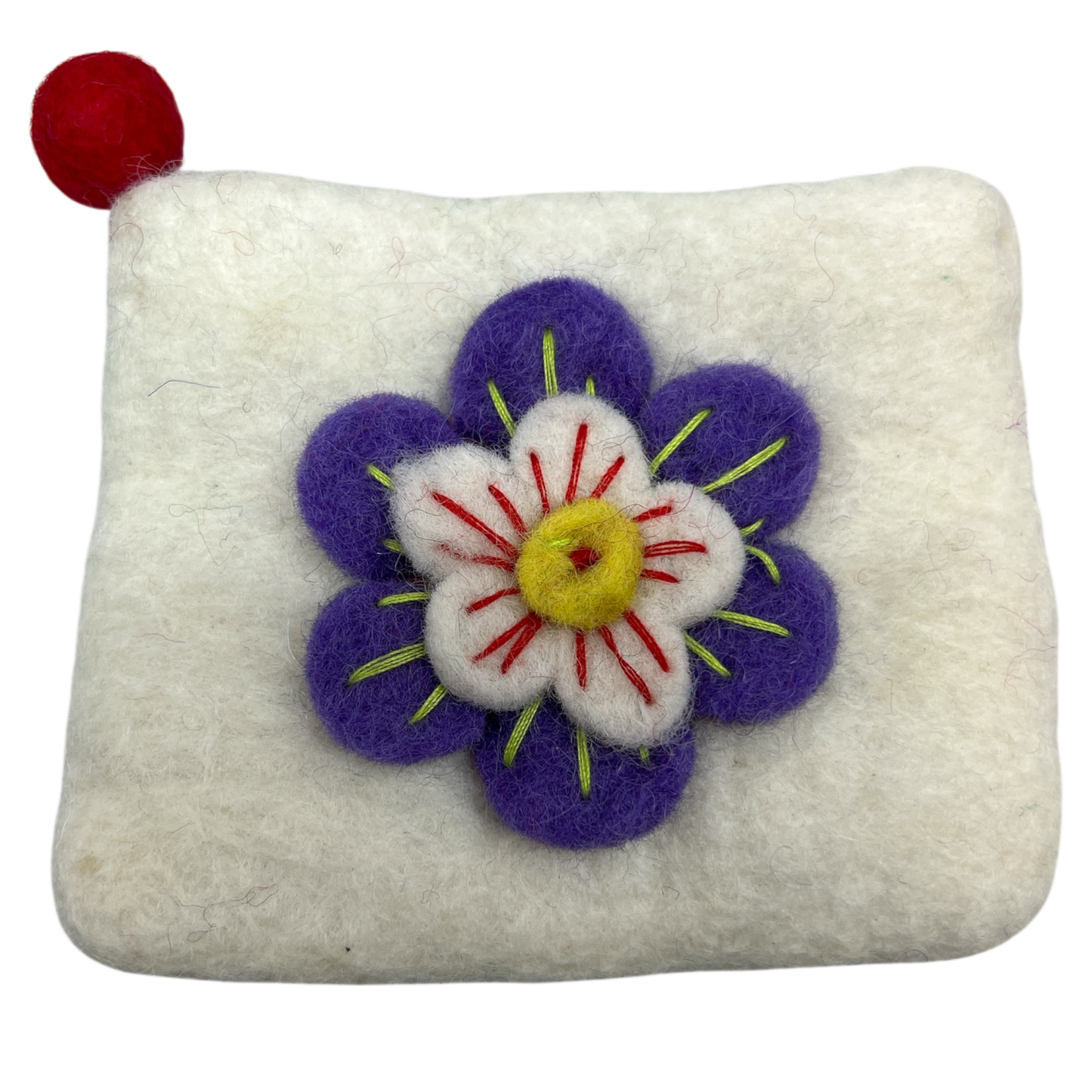 Felt Wool White Coin Purse with Flower Applique