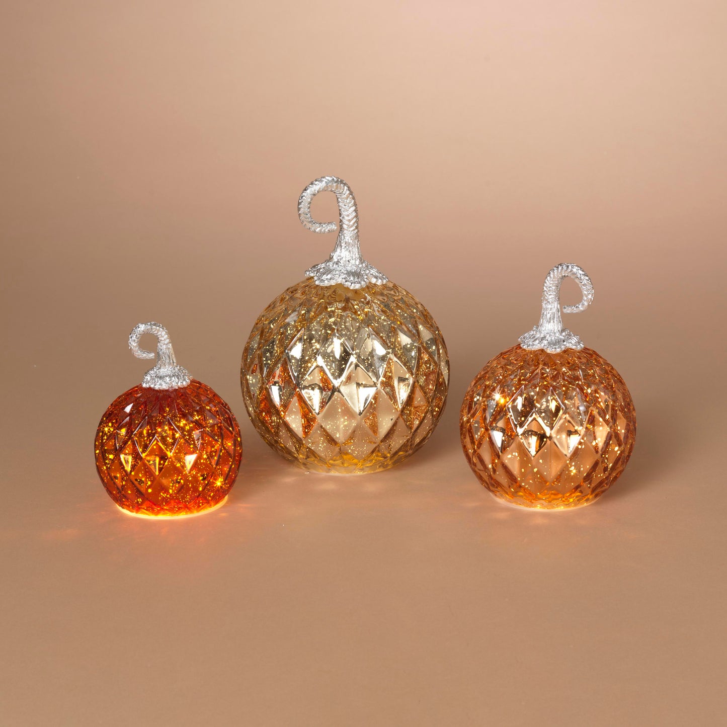 Lighted Handblown Mercury Glass Pumpkins - 3 Piece Set