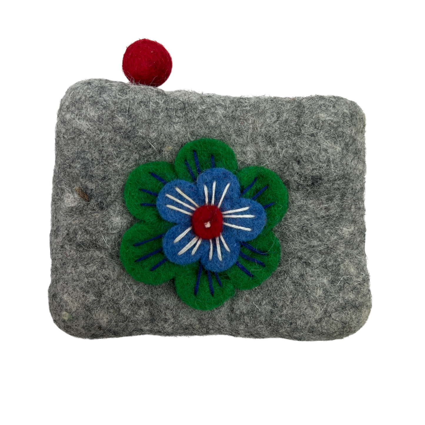 Felt Wool Gray Coin Purse with Flower Applique