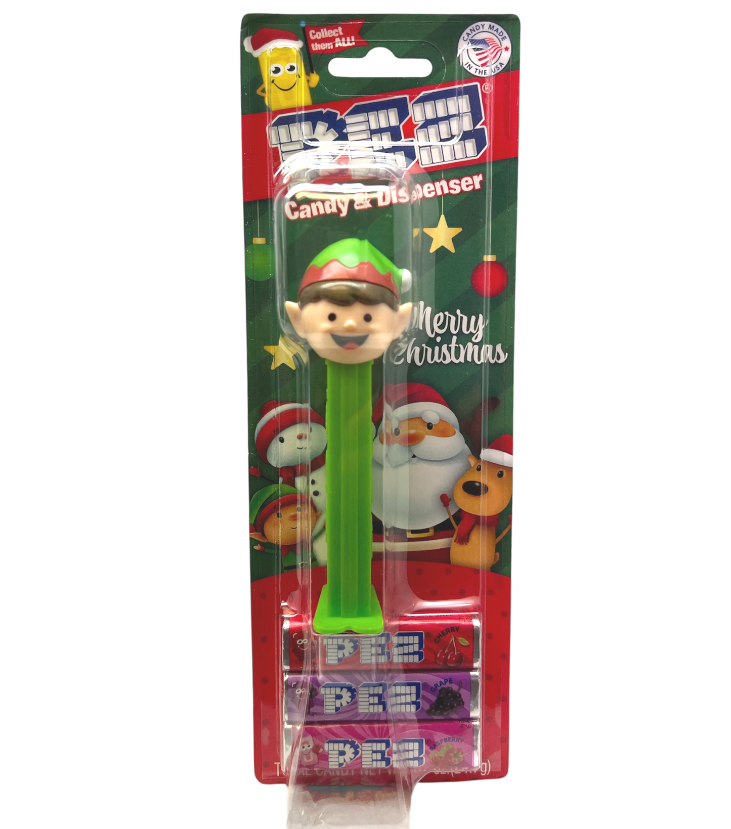 Christmas Pez Dispenser with 3 Rolls of Candy - Elf With Green Base