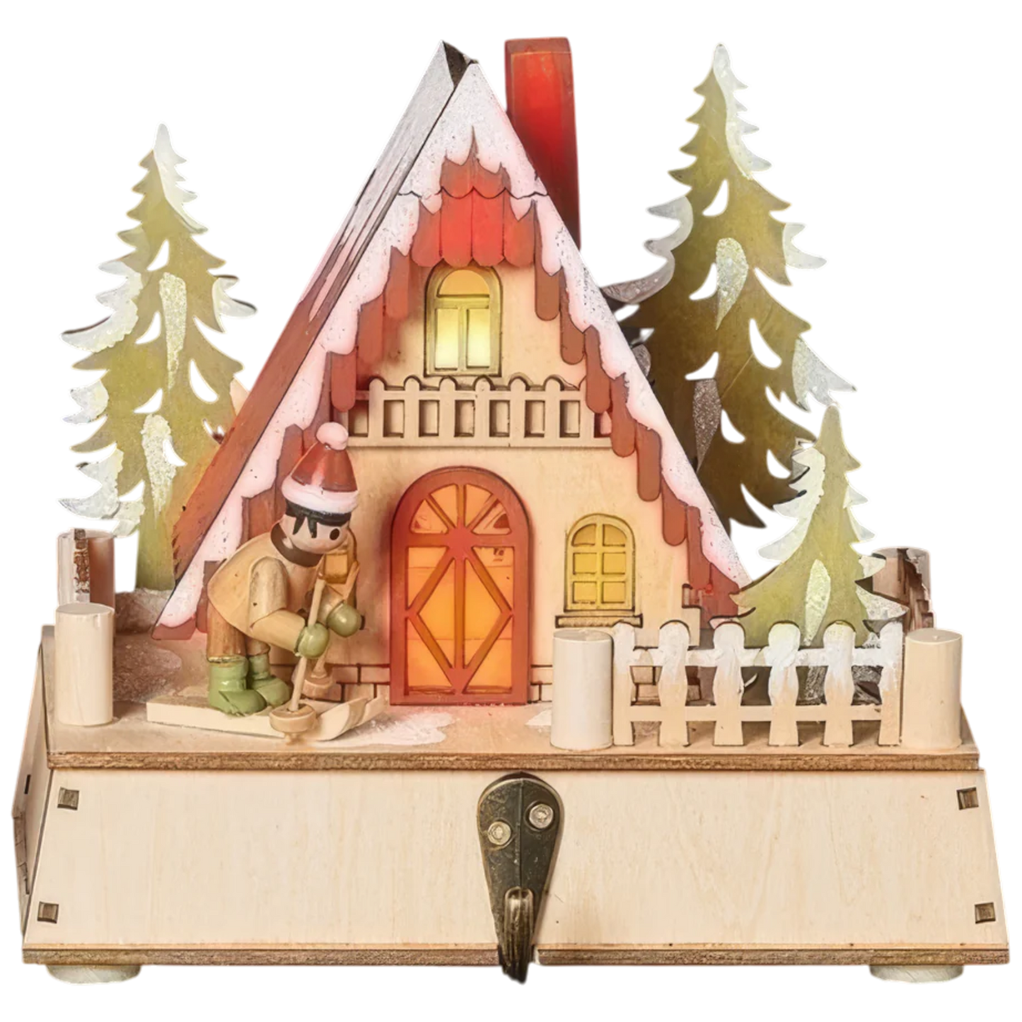 Lighted Ski Cabin Wooden Stocking Holder