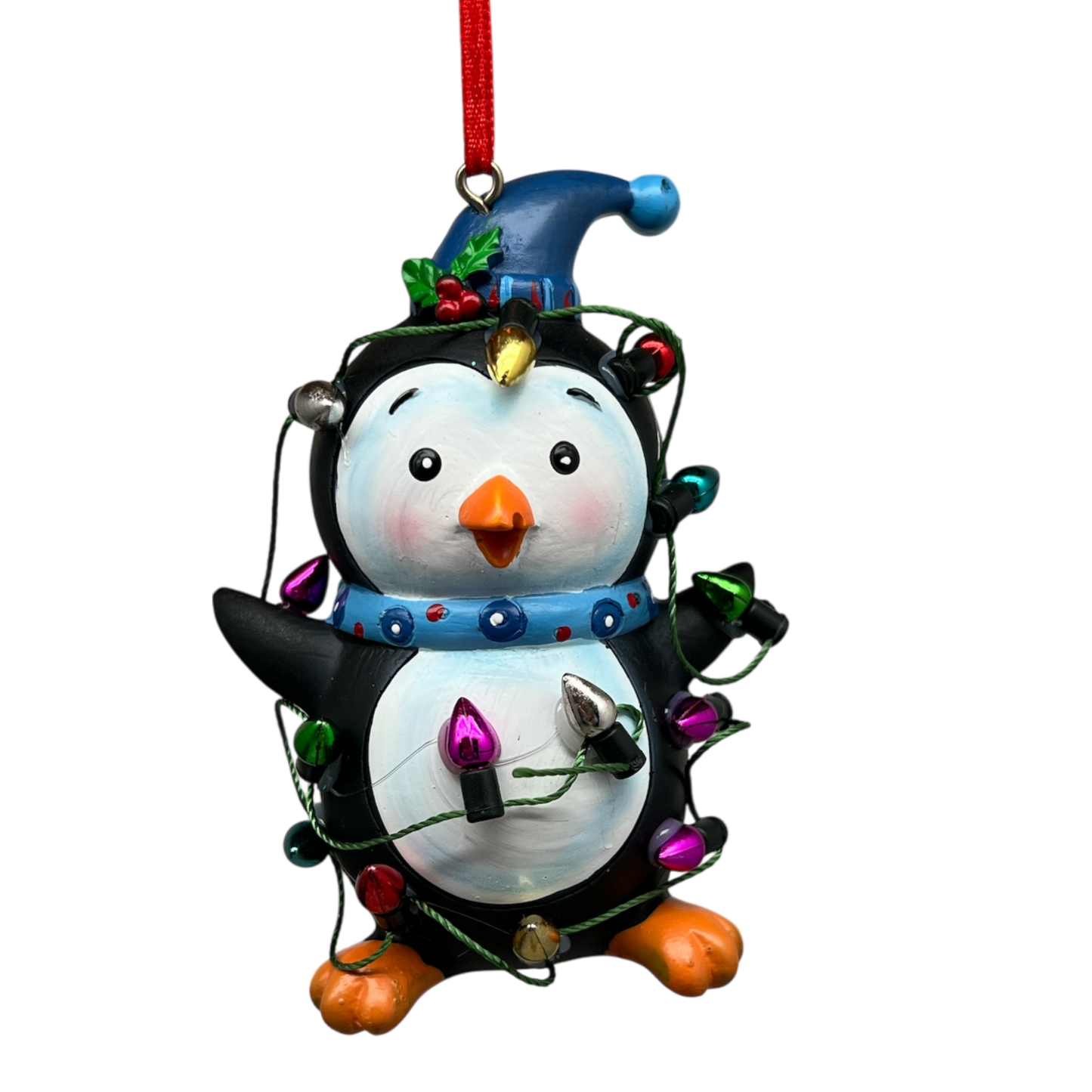 Festive Penguin With Holiday Lights and Blue Hat