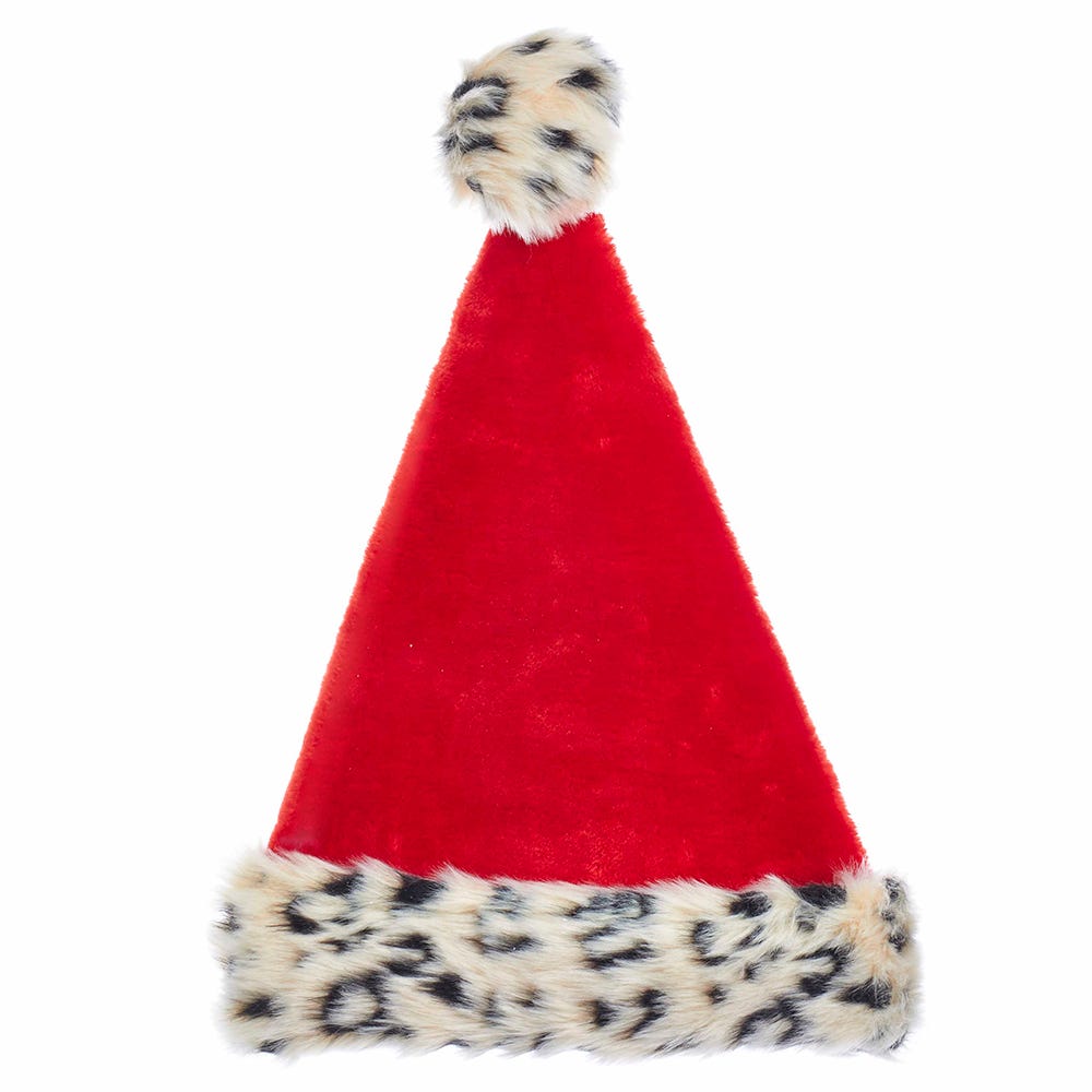 Red Plush Santa Hat With Leopard Fur Trim