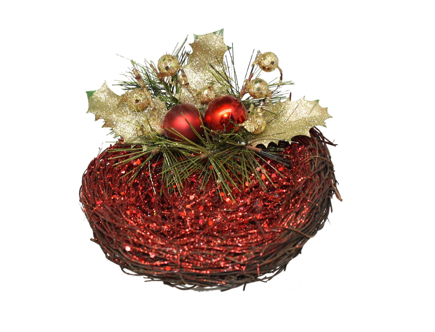 Glitter Holly Bird Nest - Red