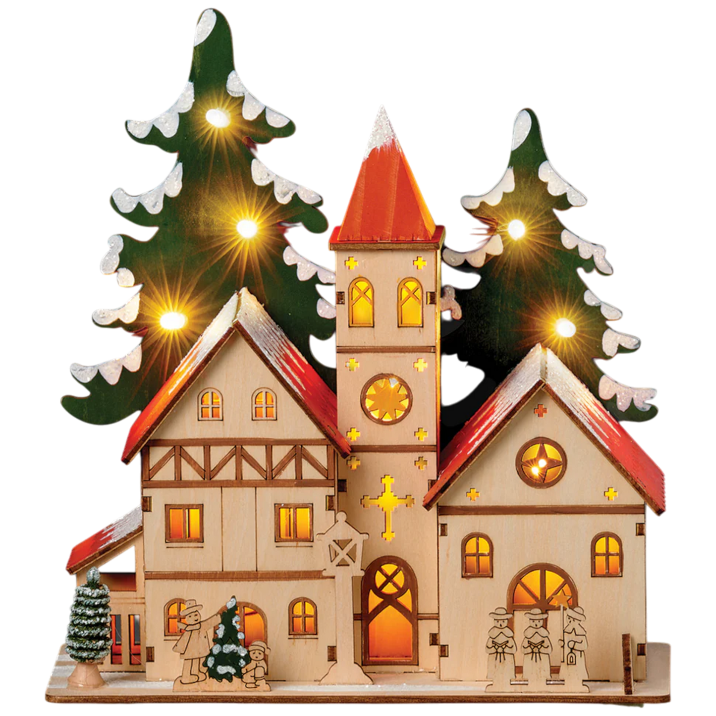 Lighted Wooden Church with Tree & Carolers