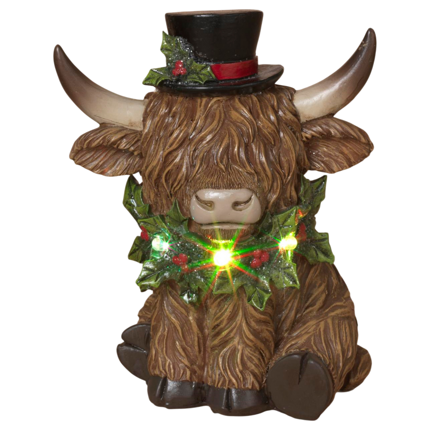 Lighted Resin Holiday Highland Cow in Top Hat