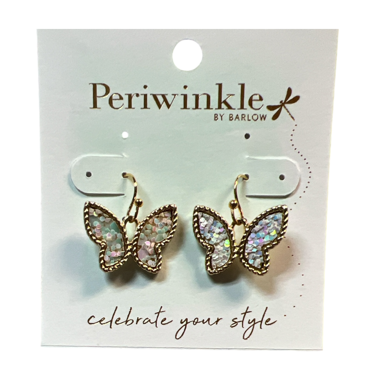 Butterfly Earrings – Iridescent Glitter with Gold Trim