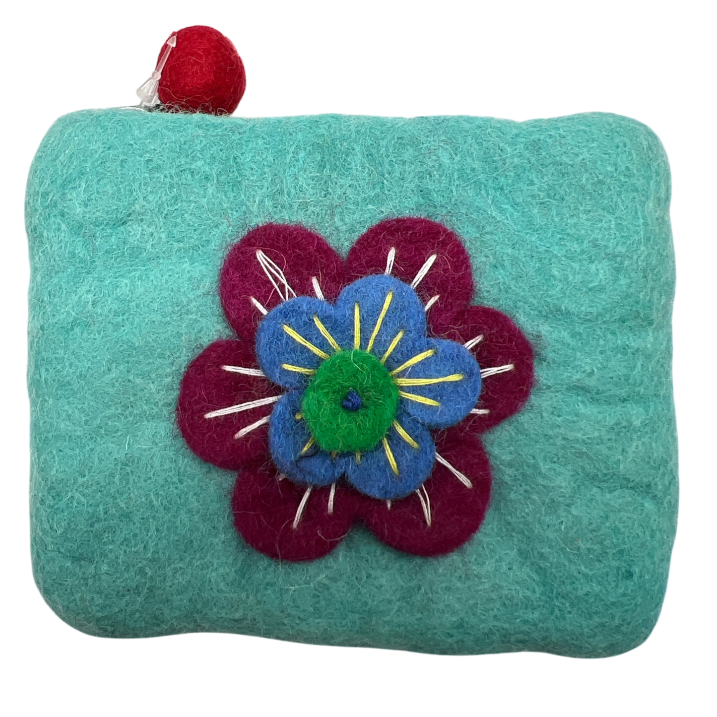 Felt Wool Teal Coin Purse with Flower Applique