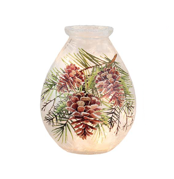 Lighted 5 inch Glass Vase - Frosted Pinecone Charm