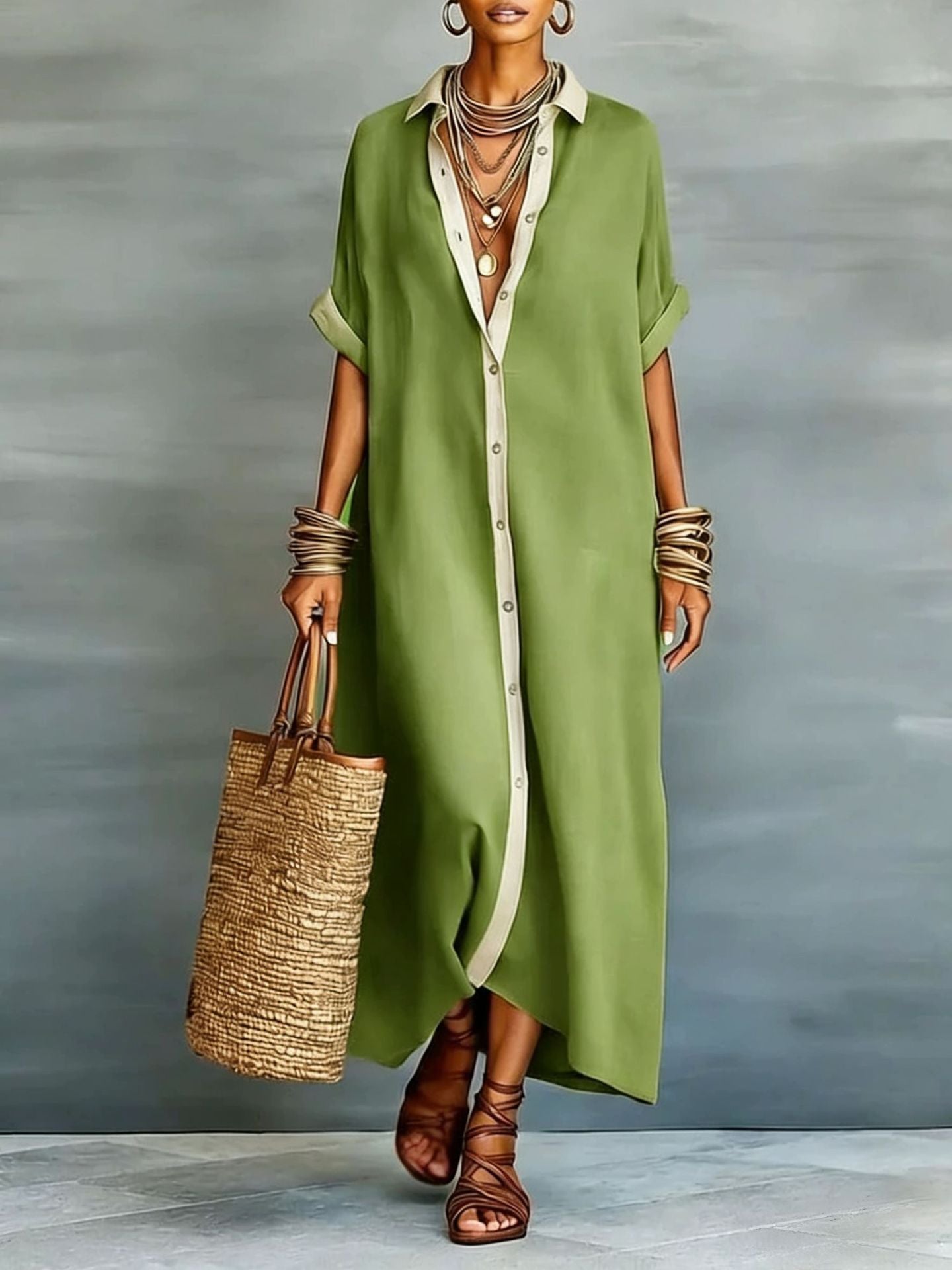 Color-Block Shirt Maxi Dress – Women's Loose Button-Front Long Dress with Contrast Collar