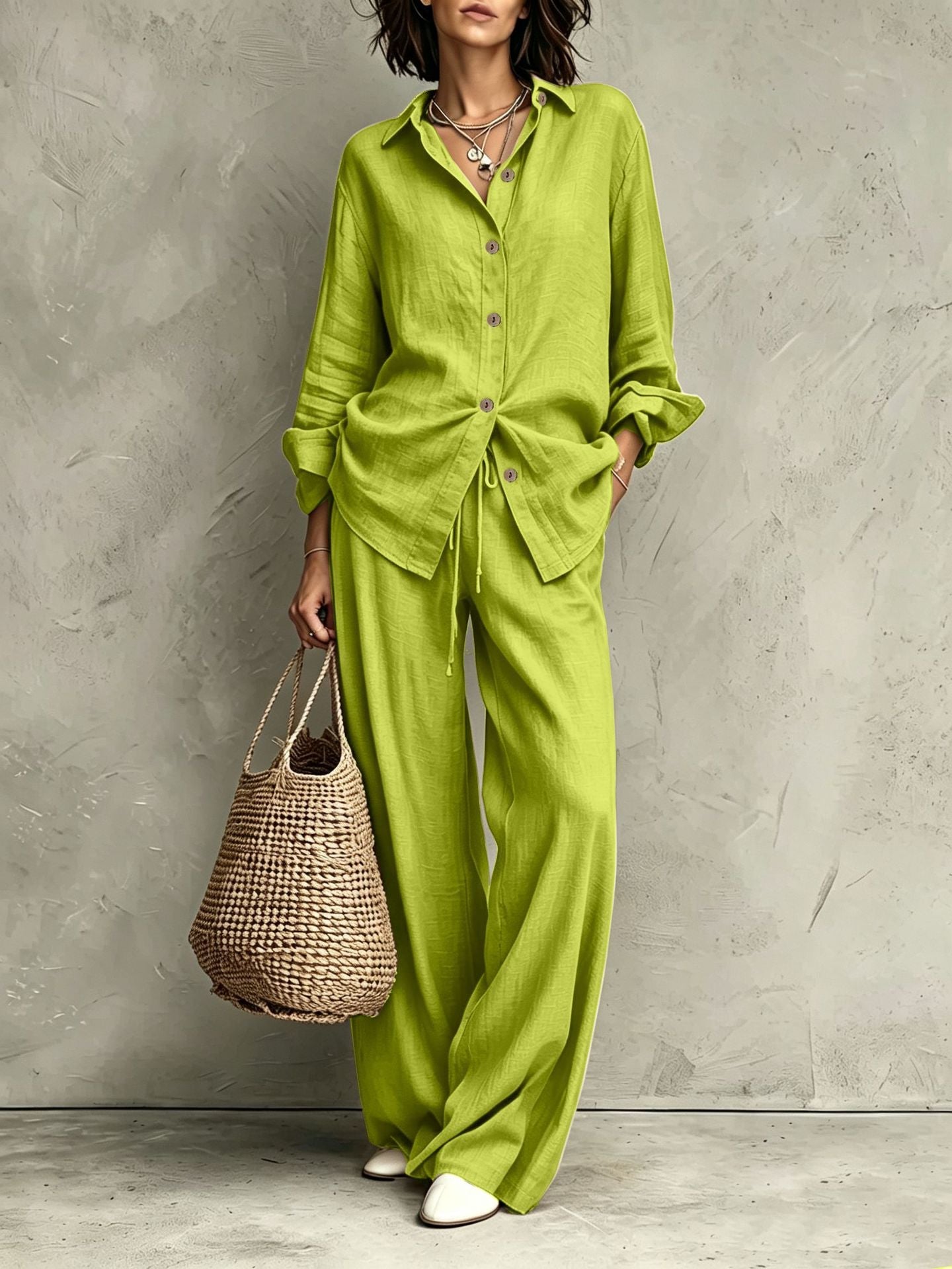 Women's Button-Down Shirt & Wide-Leg Pants Set