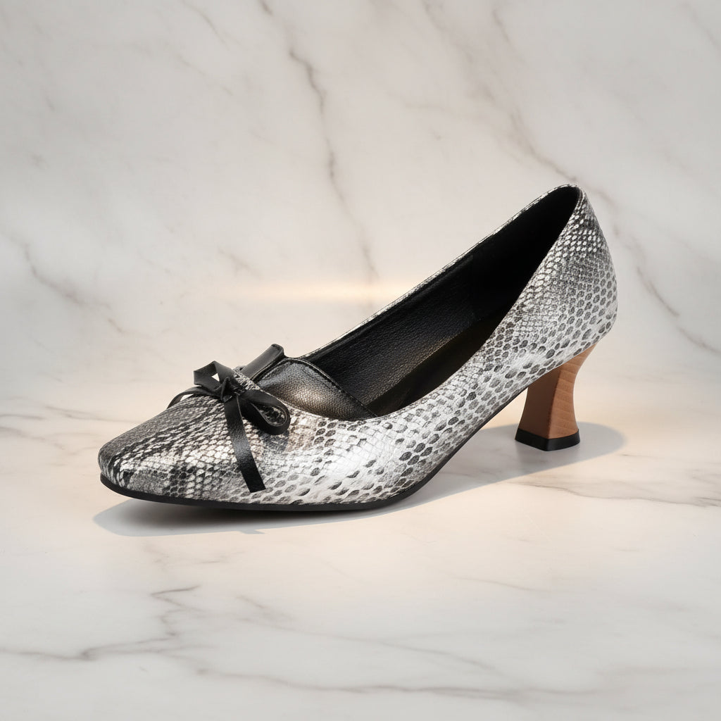 Women's Retro Square Toe Bow Pumps with Chunky Heel