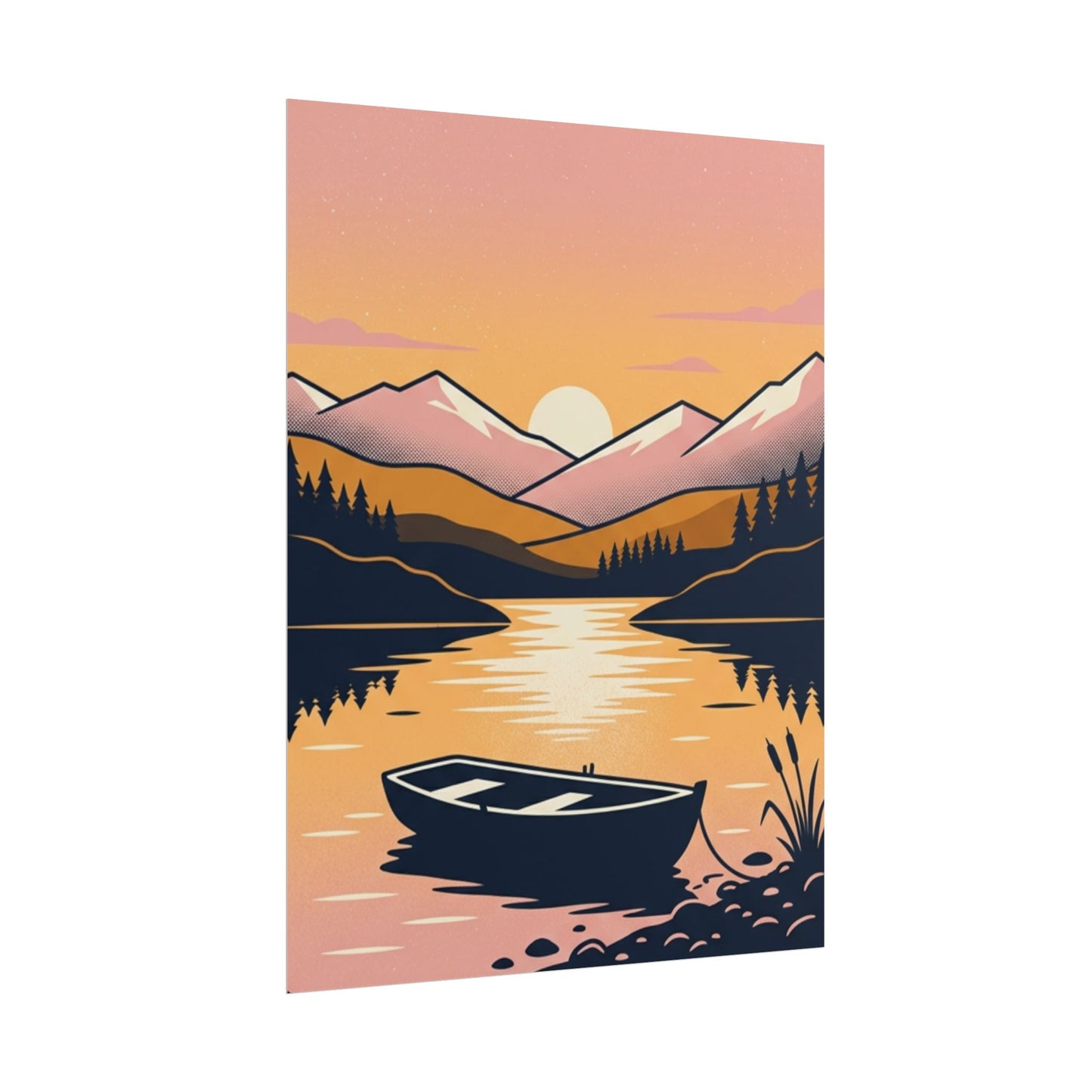 Sunset Lake Boat Poster — Scenic Mountain Landscape Wall Art