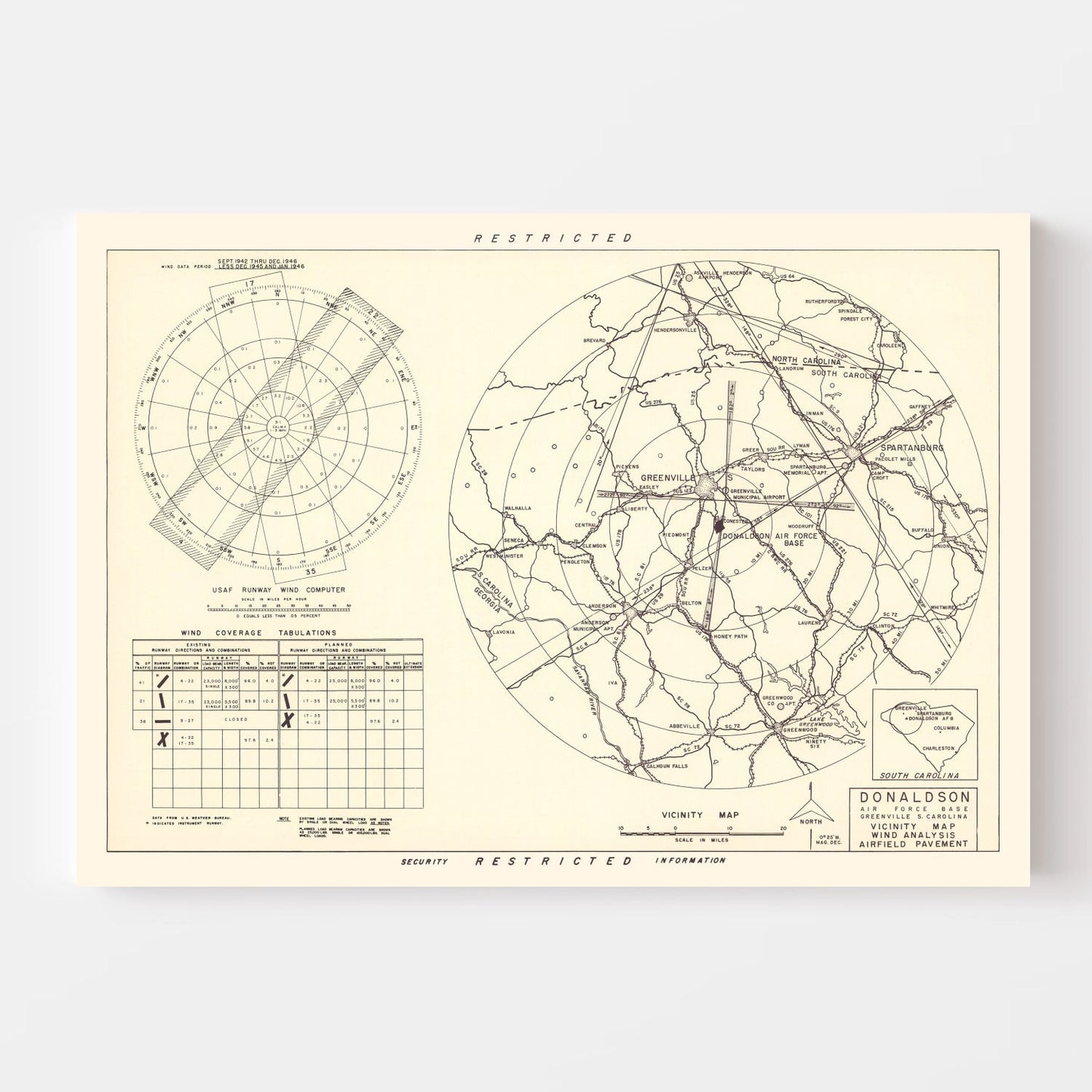 Vintage Map of the Donaldson Air Force Base Vicinity, 1952