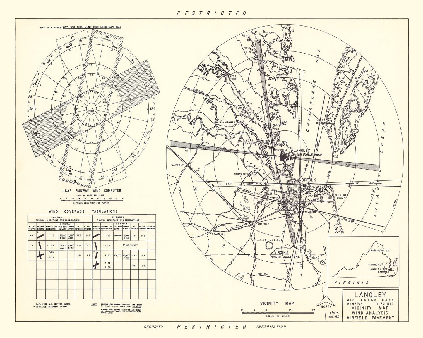 Vintage Map of the Langley Air Force Base Vicinity, 1951