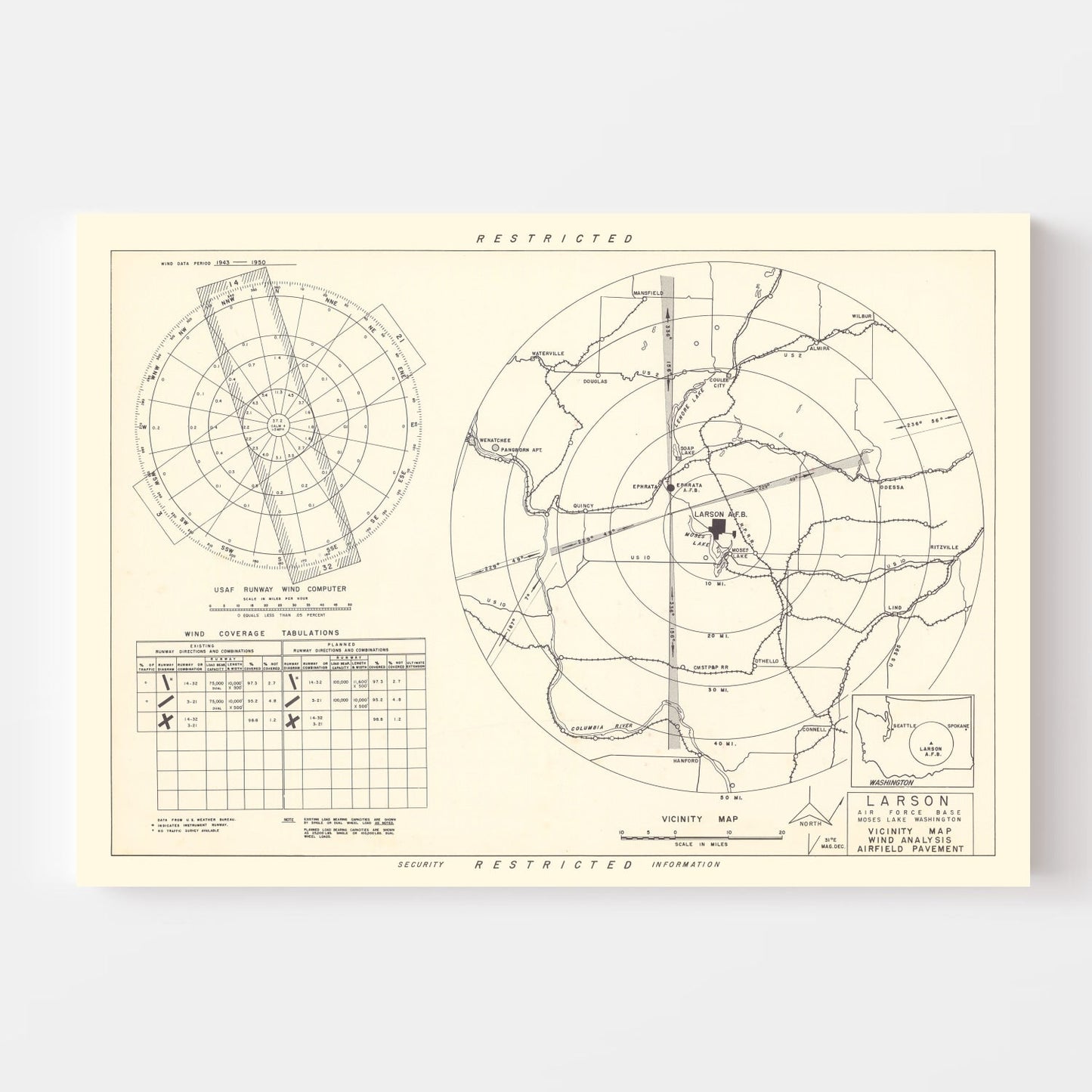 Vintage Map of the Larson Air Force Base Vicinity, 1951