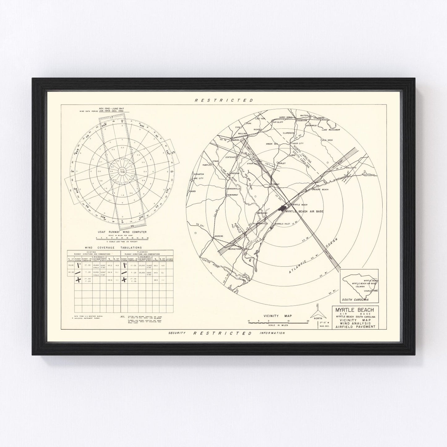 Vintage Map of the Myrtle Beach Air Base Vicinity, 1952