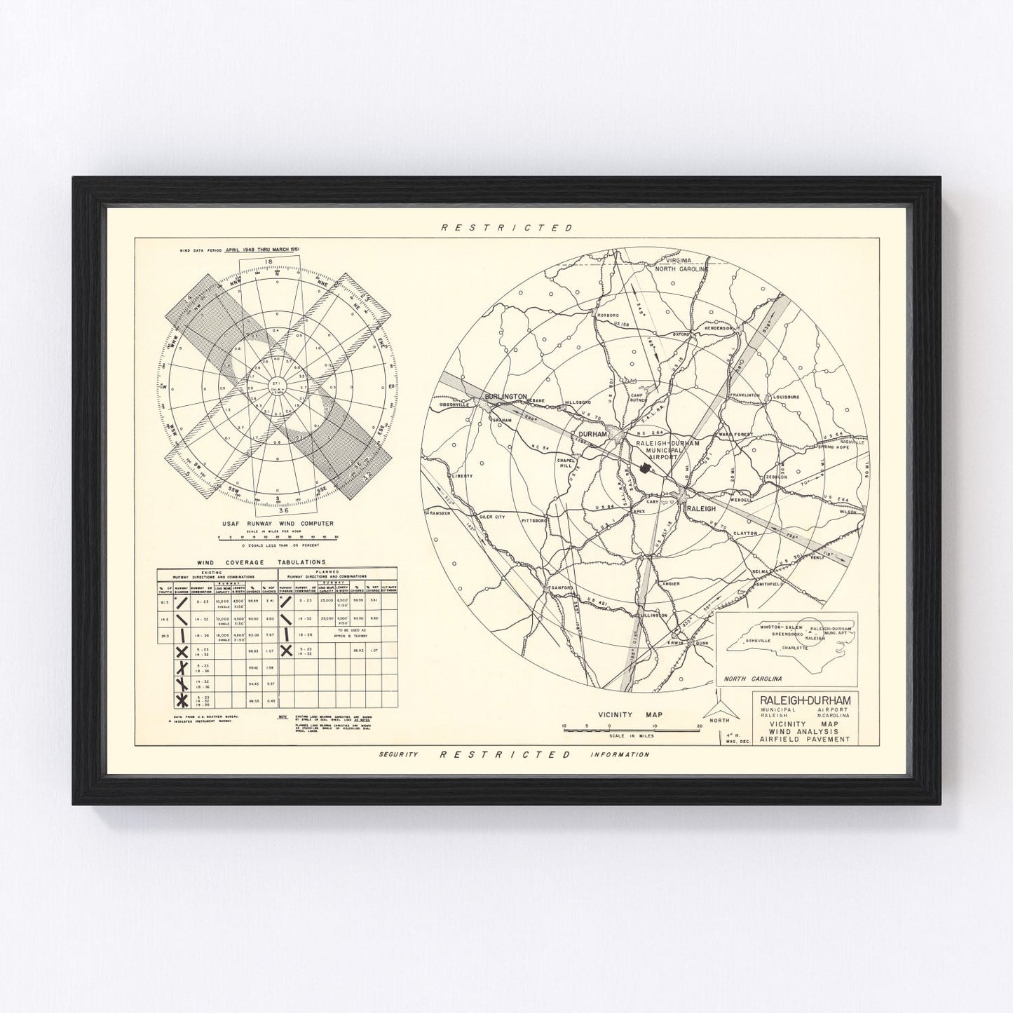 Vintage Map of the Raleigh - Durham Municipal Airport Vicinity, 1952