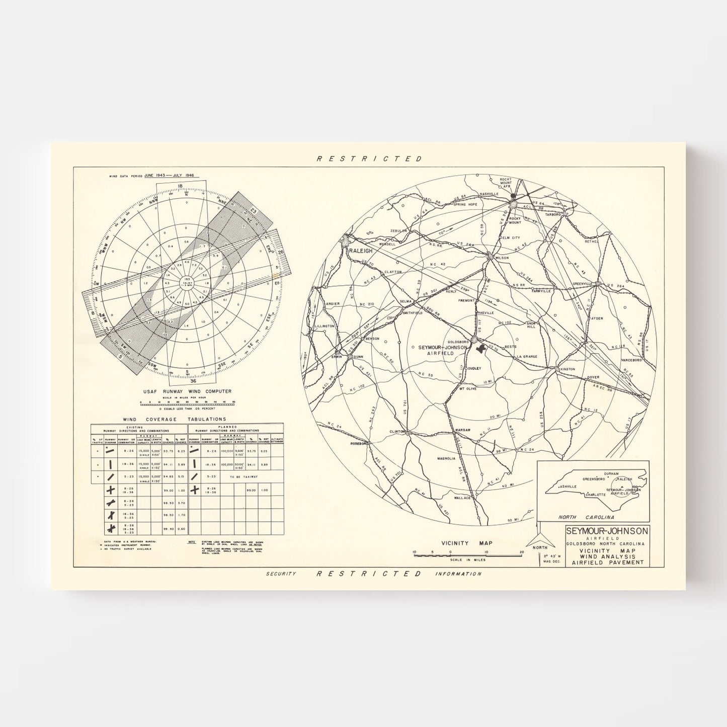Vintage Map of the Seymour - Johnson Air Base Vicinity, 1953