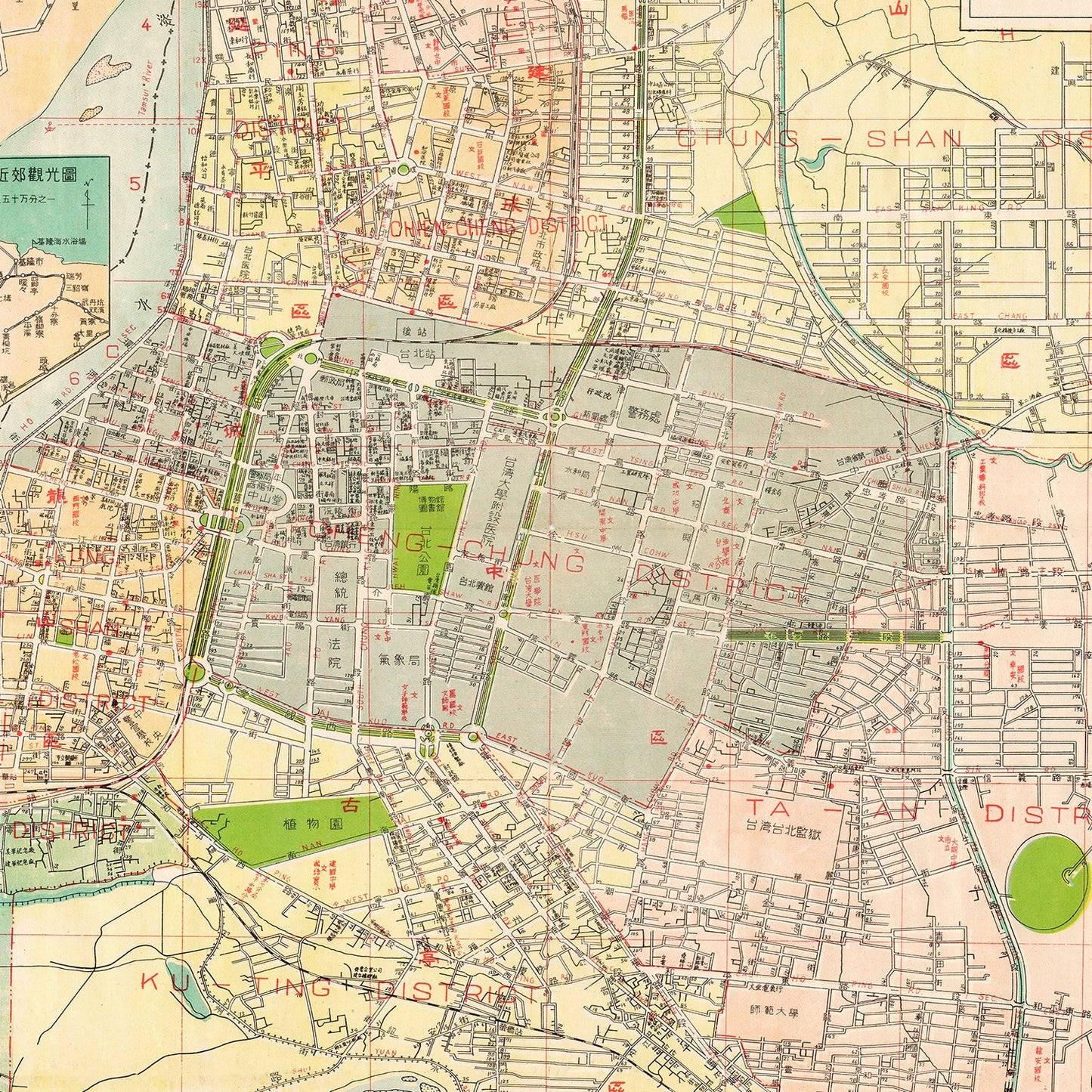 Vintage Map of Taipei, Taiwan 1957