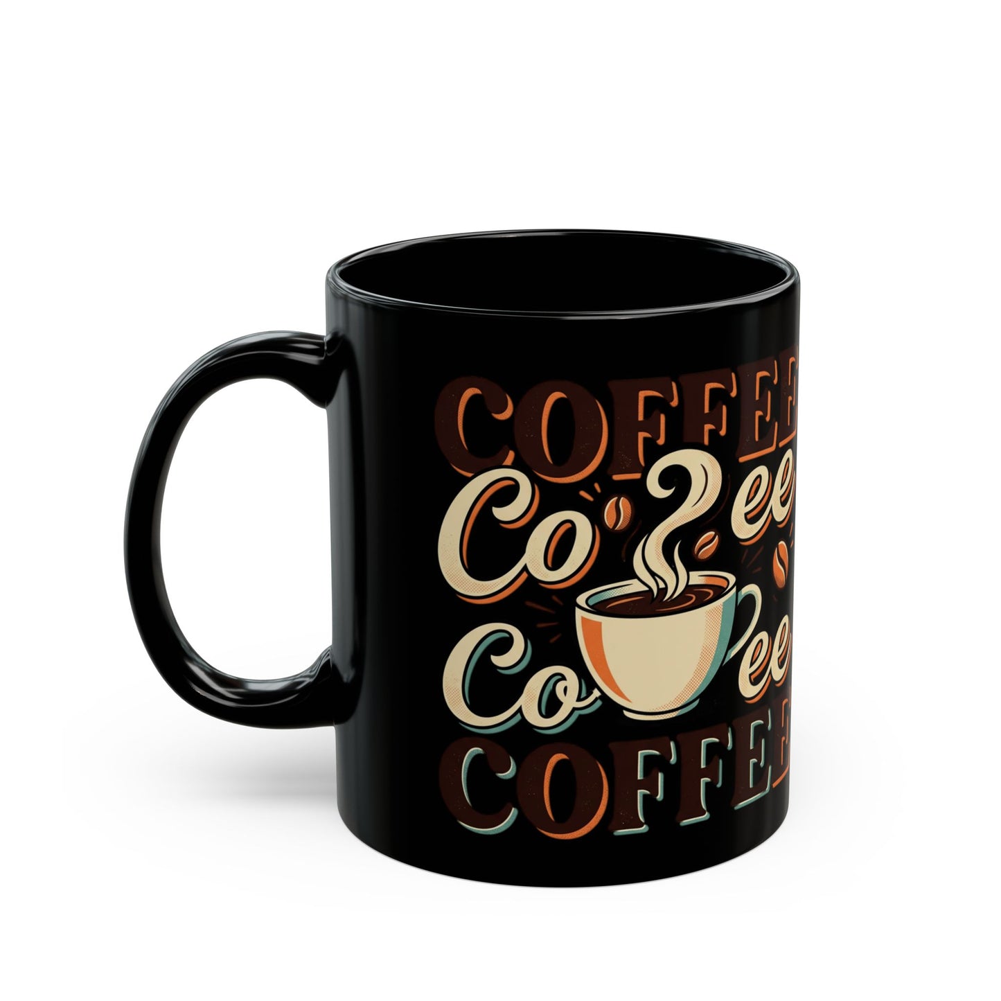 Coffee Lovers Black Mug — Retro 'Coffee' Typography with Steaming Cup (11oz & 15oz)
