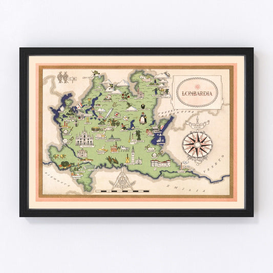 Vintage Map of Lombardy Italy, 1938