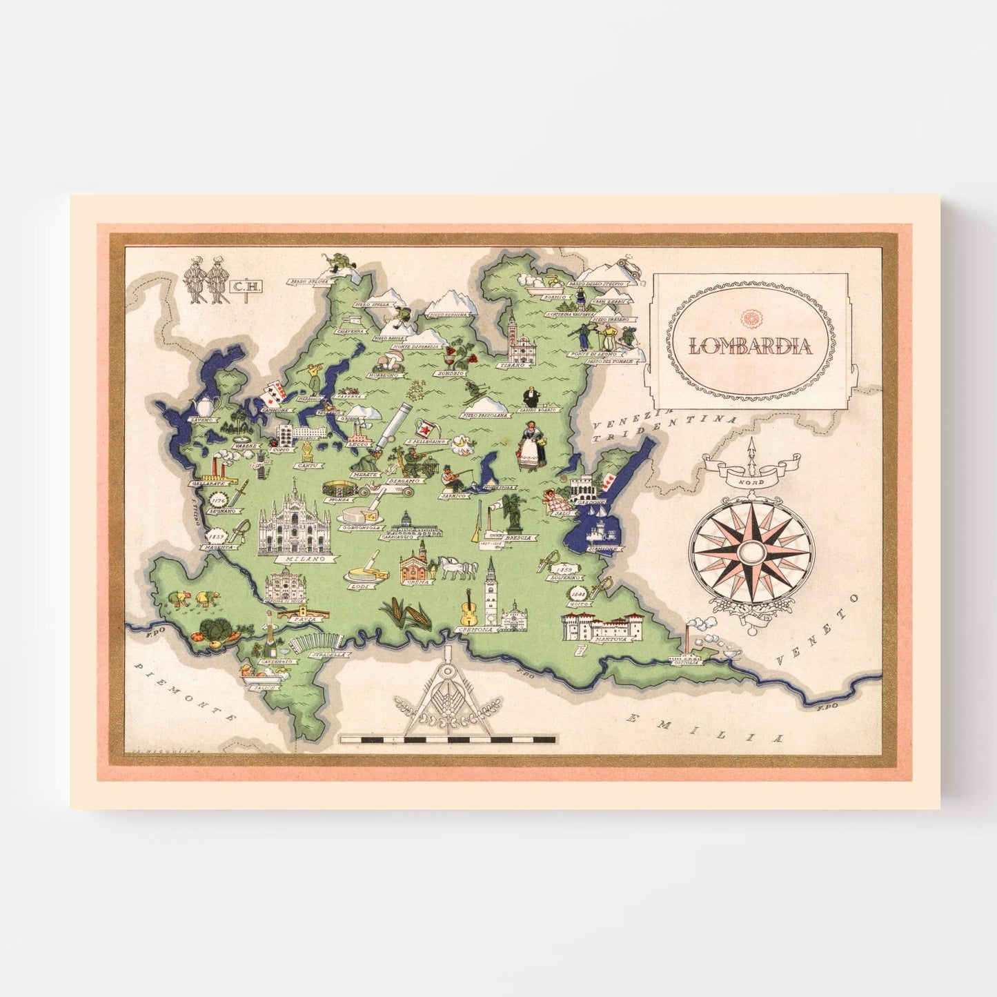 Vintage Map of Lombardy Italy, 1938
