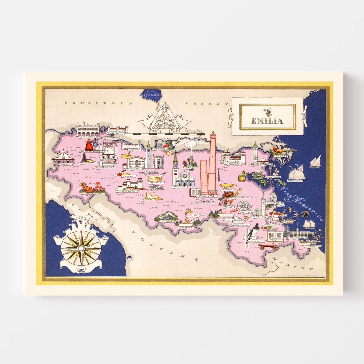 Vintage Map of Emilia-Romagna Italy, 1938