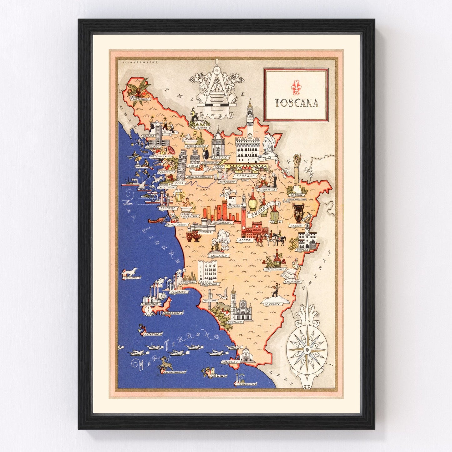 Vintage Map of Tuscany Italy, 1938