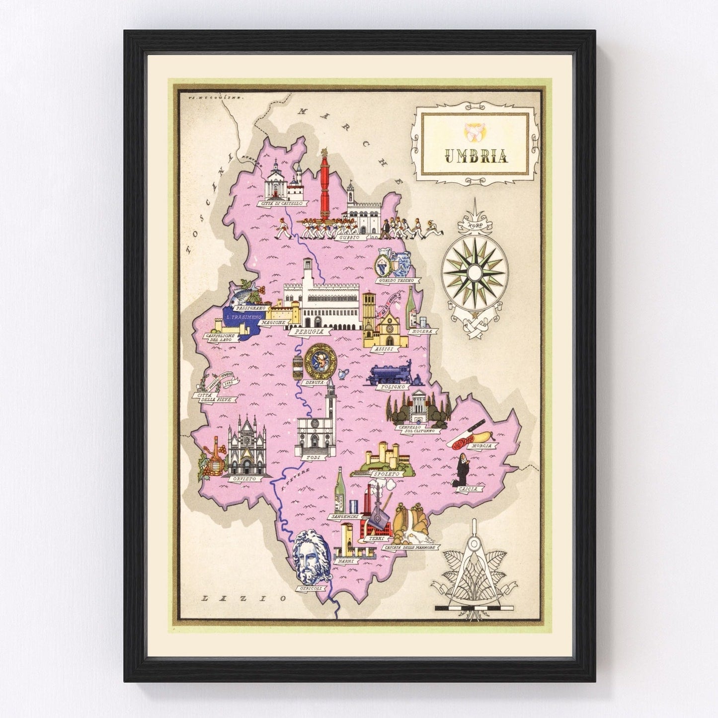 Vintage Map of Umbria Italy, 1938