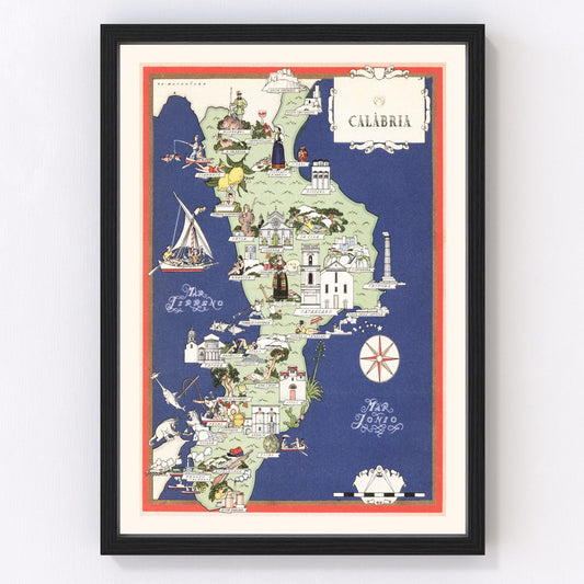 Vintage Map of Calabria Italy, 1938