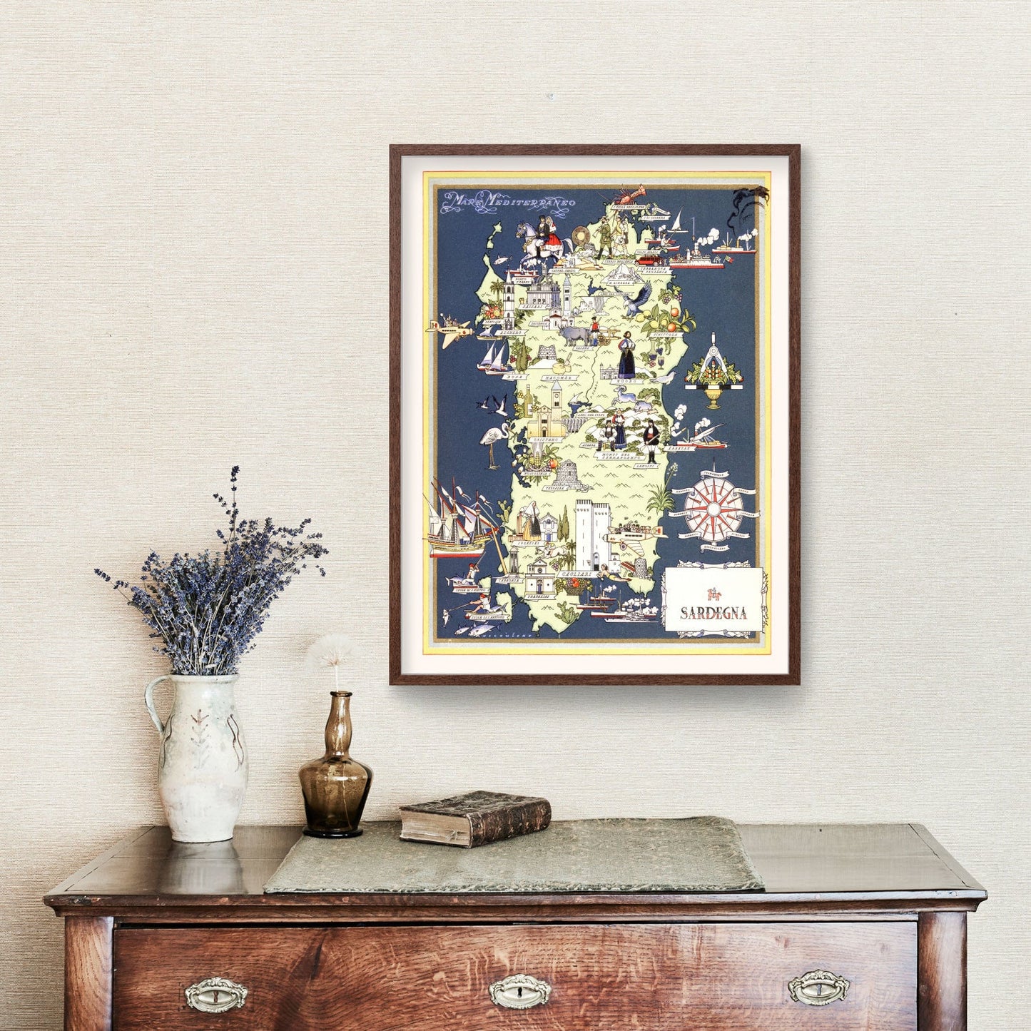 Vintage Map of Sardinia Italy, 1938