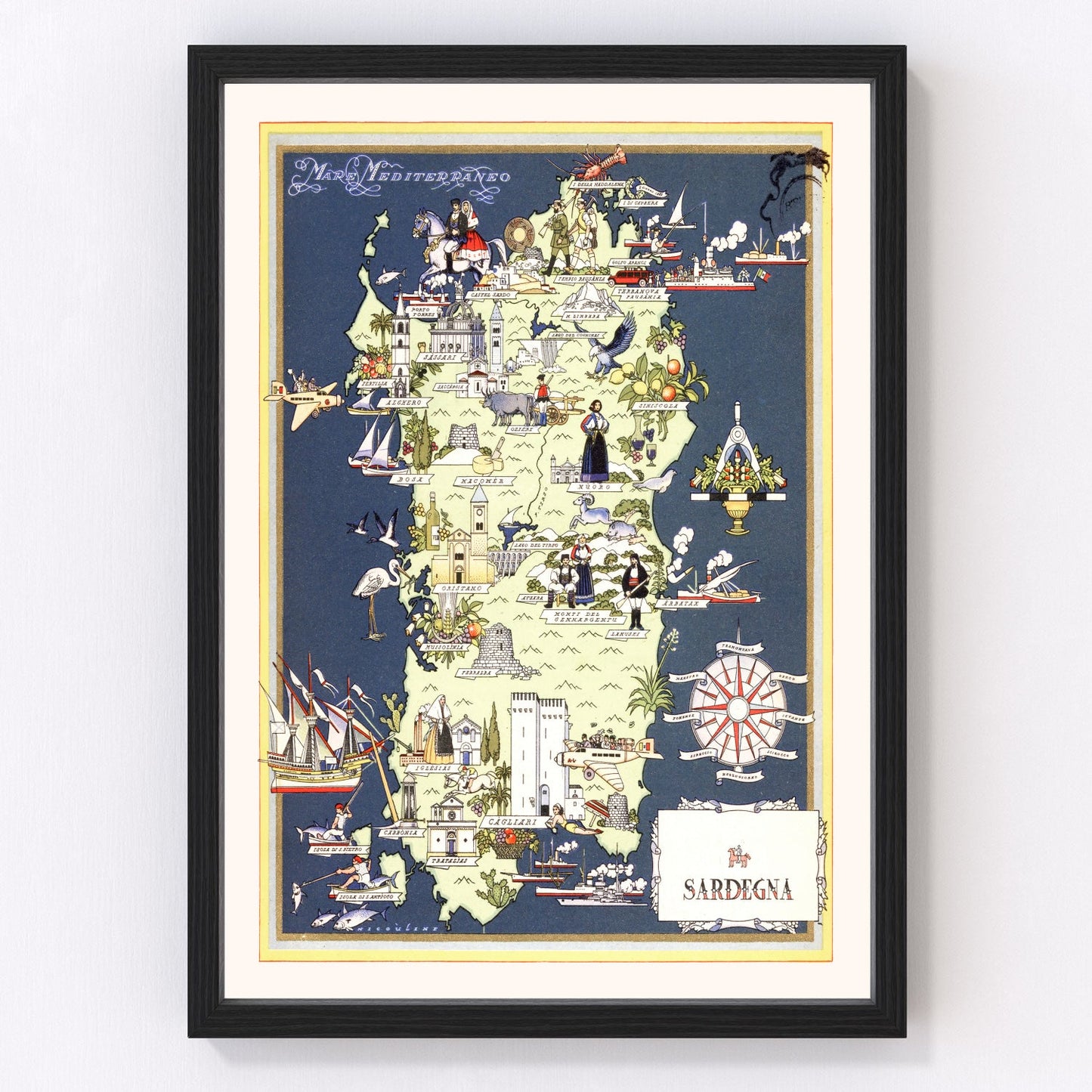 Vintage Map of Sardinia Italy, 1938