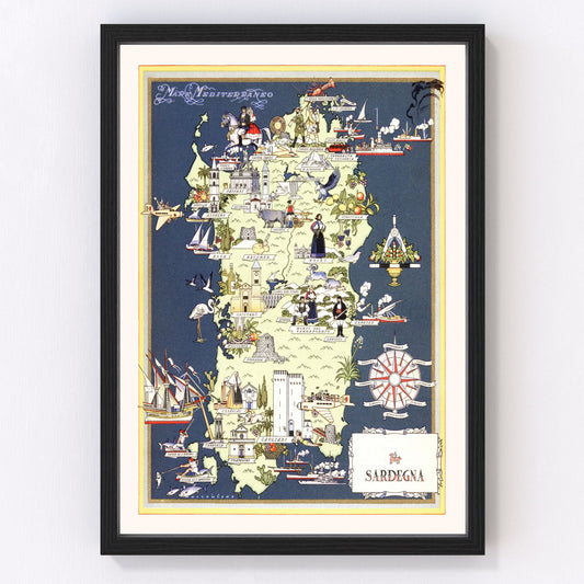 Vintage Map of Sardinia Italy, 1938