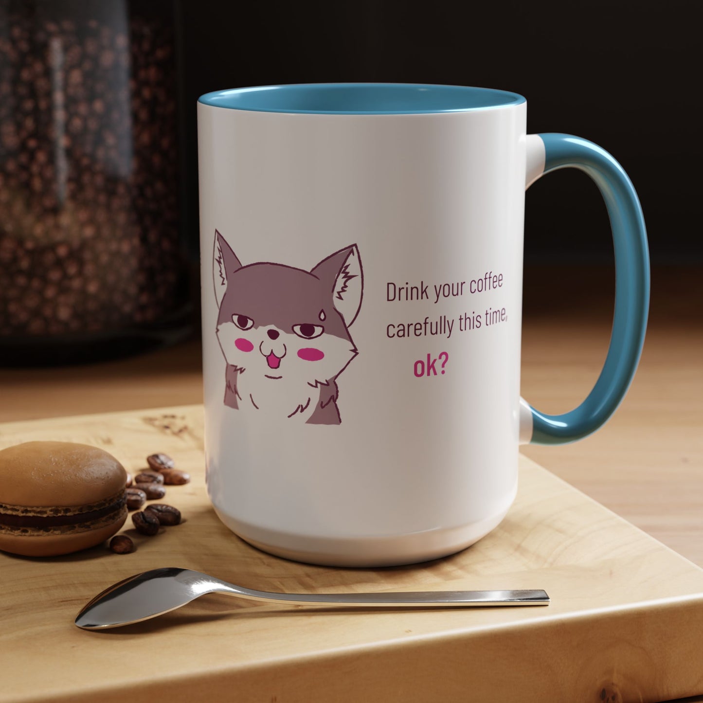 Accent Coffee Mug — Cute Shy Fox Design "Drink your coffee carefully this time, ok?"