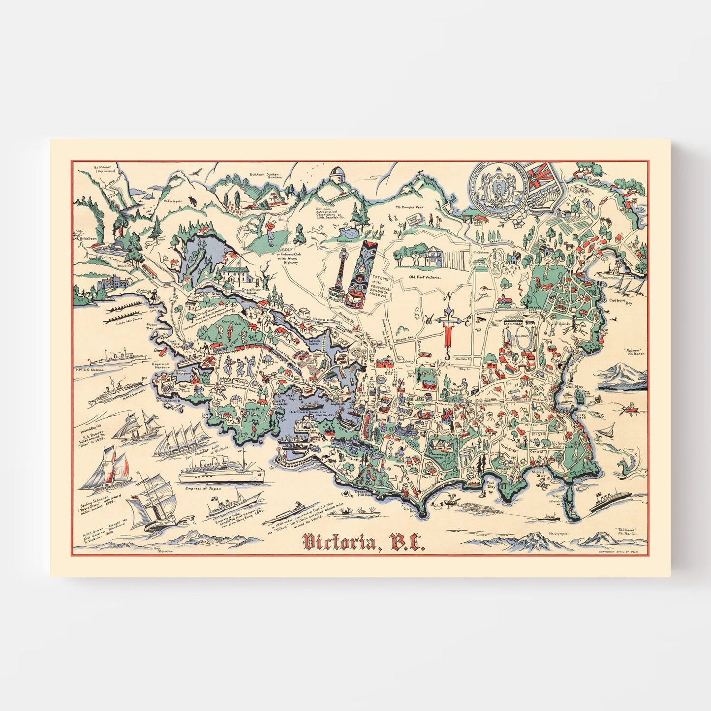 Vintage Map of Victoria, Canada 1939
