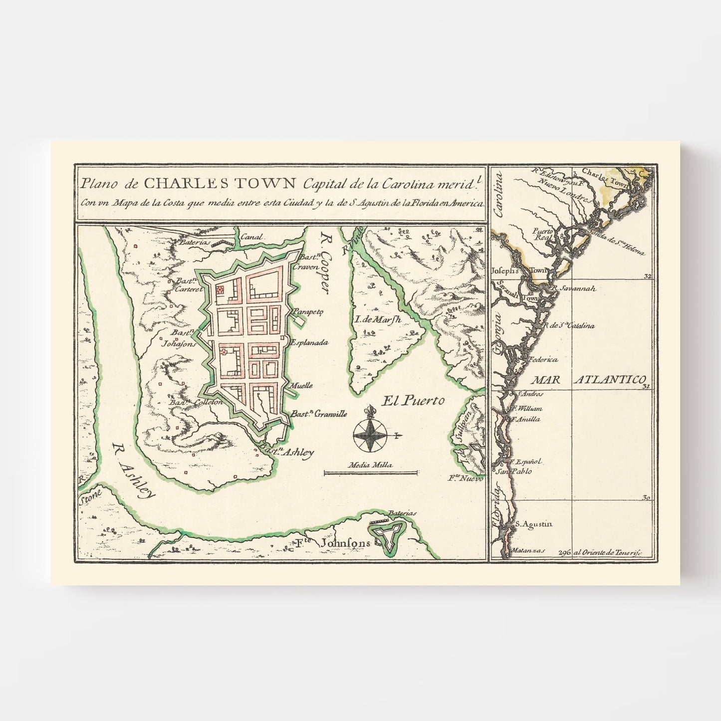 Vintage Map of Charleston, South Carolina 1753