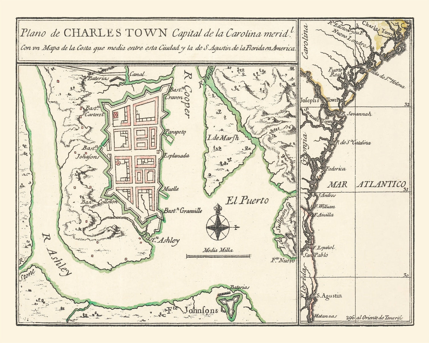 Vintage Map of Charleston, South Carolina 1753