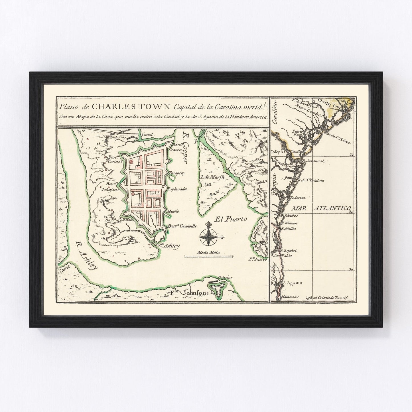 Vintage Map of Charleston, South Carolina 1753