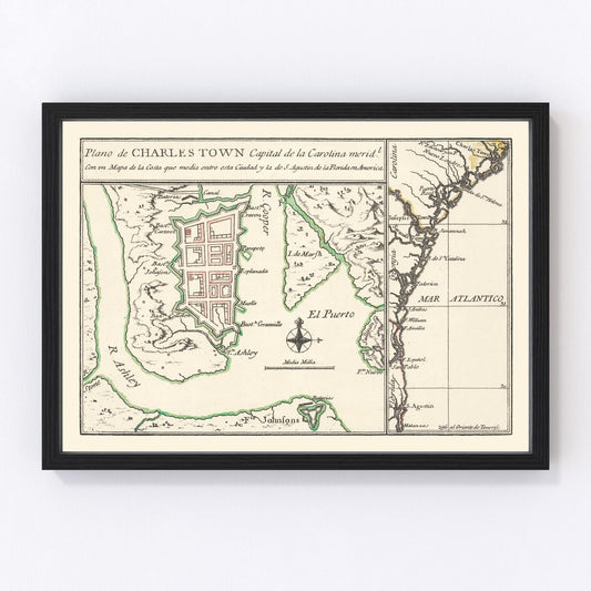 Vintage Map of Charleston, South Carolina 1753
