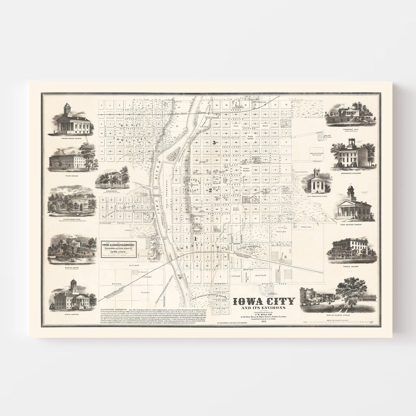 Vintage Map of Iowa City, Iowa 1854