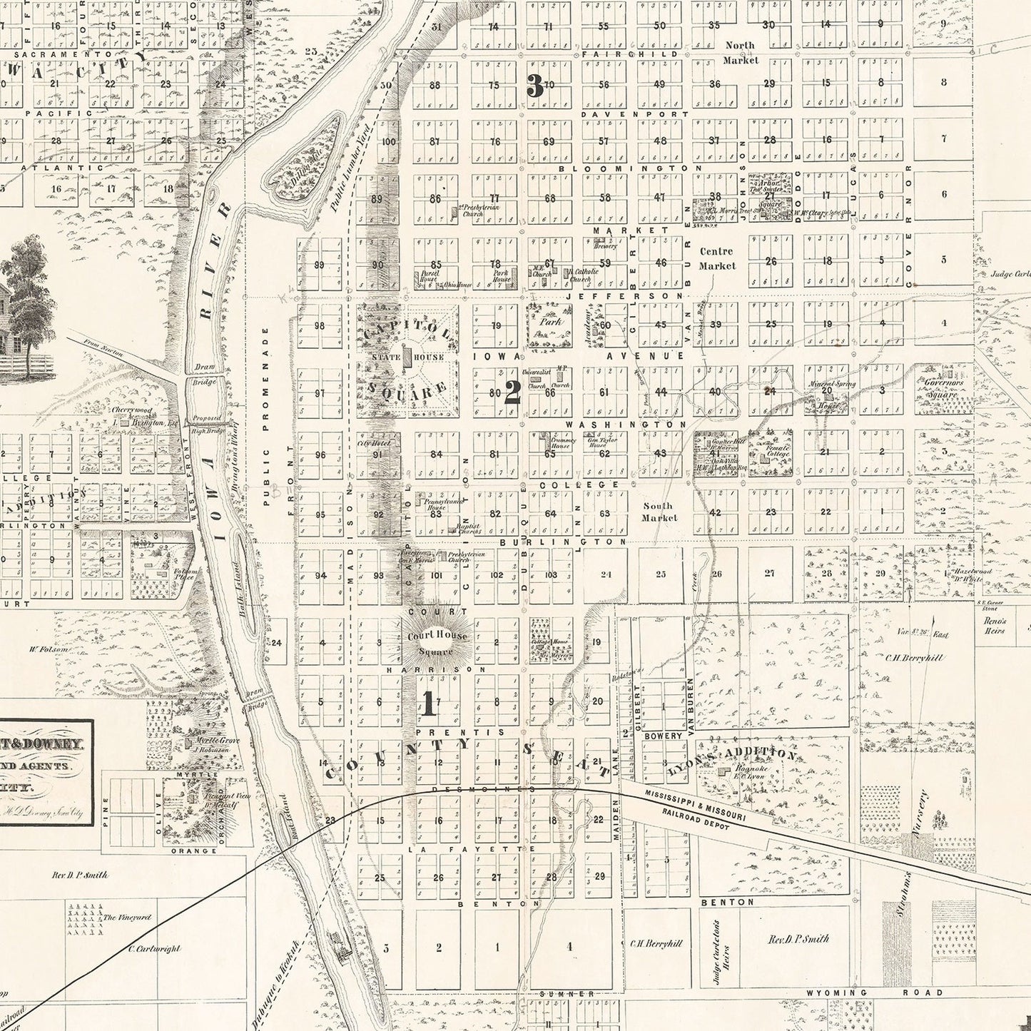 Vintage Map of Iowa City, Iowa 1854
