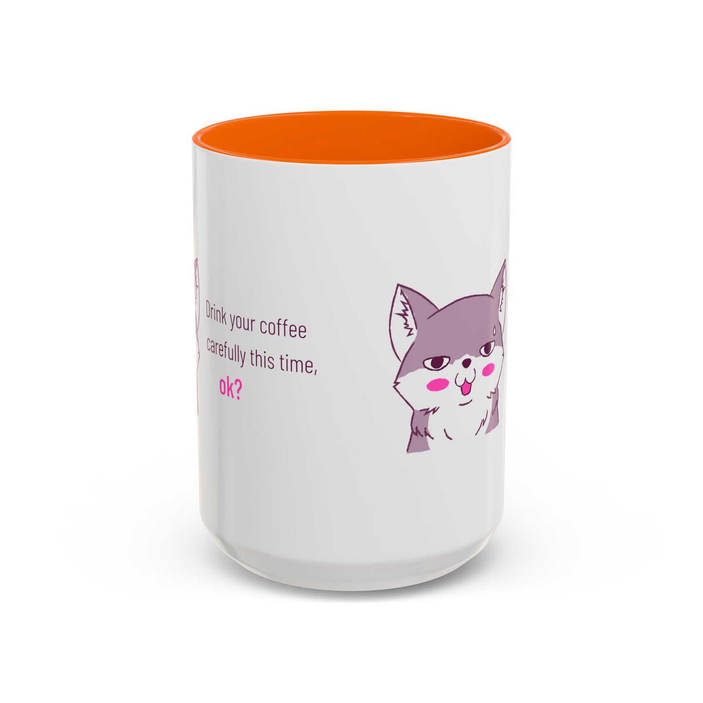 Accent Coffee Mug — Cute Shy Fox Design "Drink your coffee carefully this time, ok?"