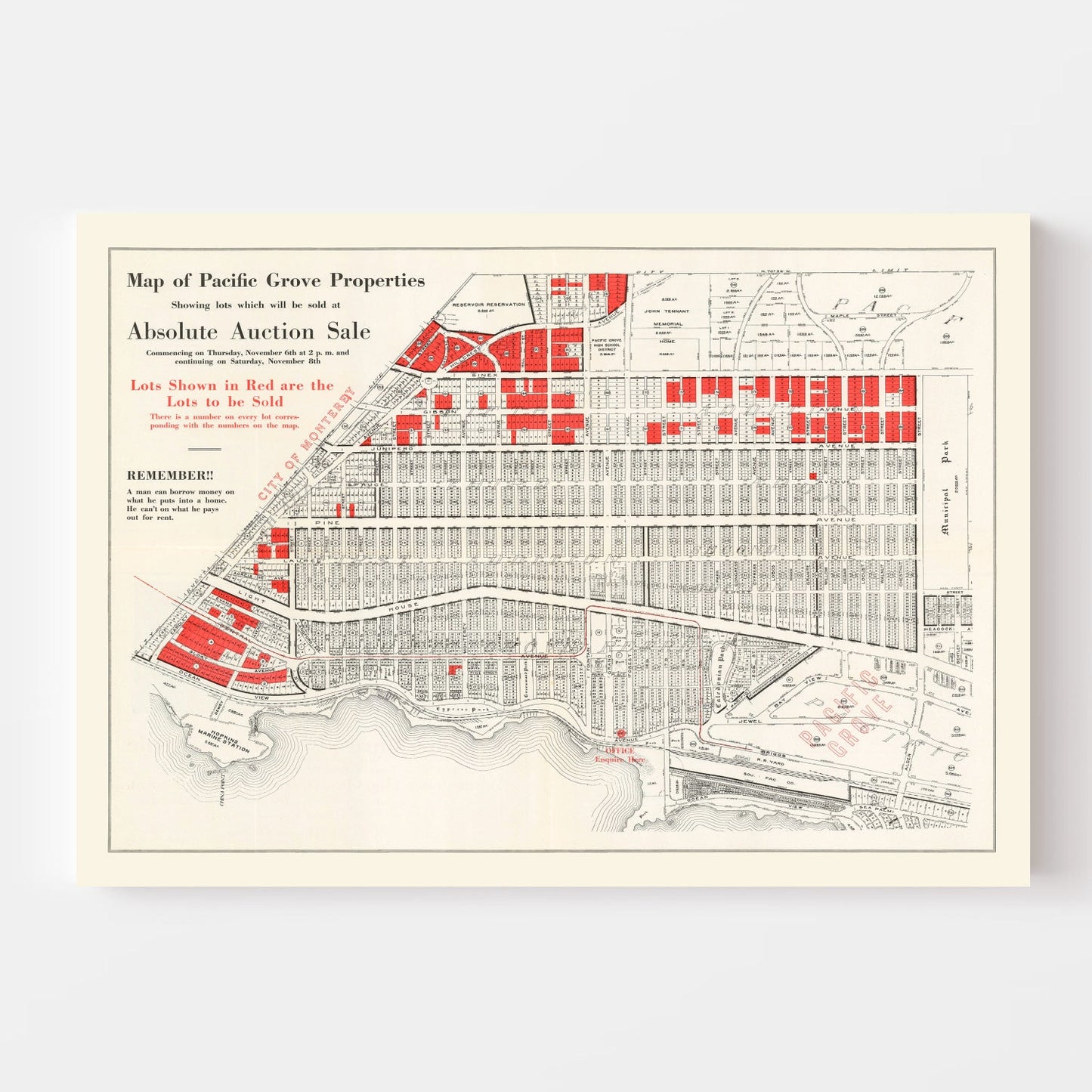 Vintage Map of Pacific Grove, California 1919