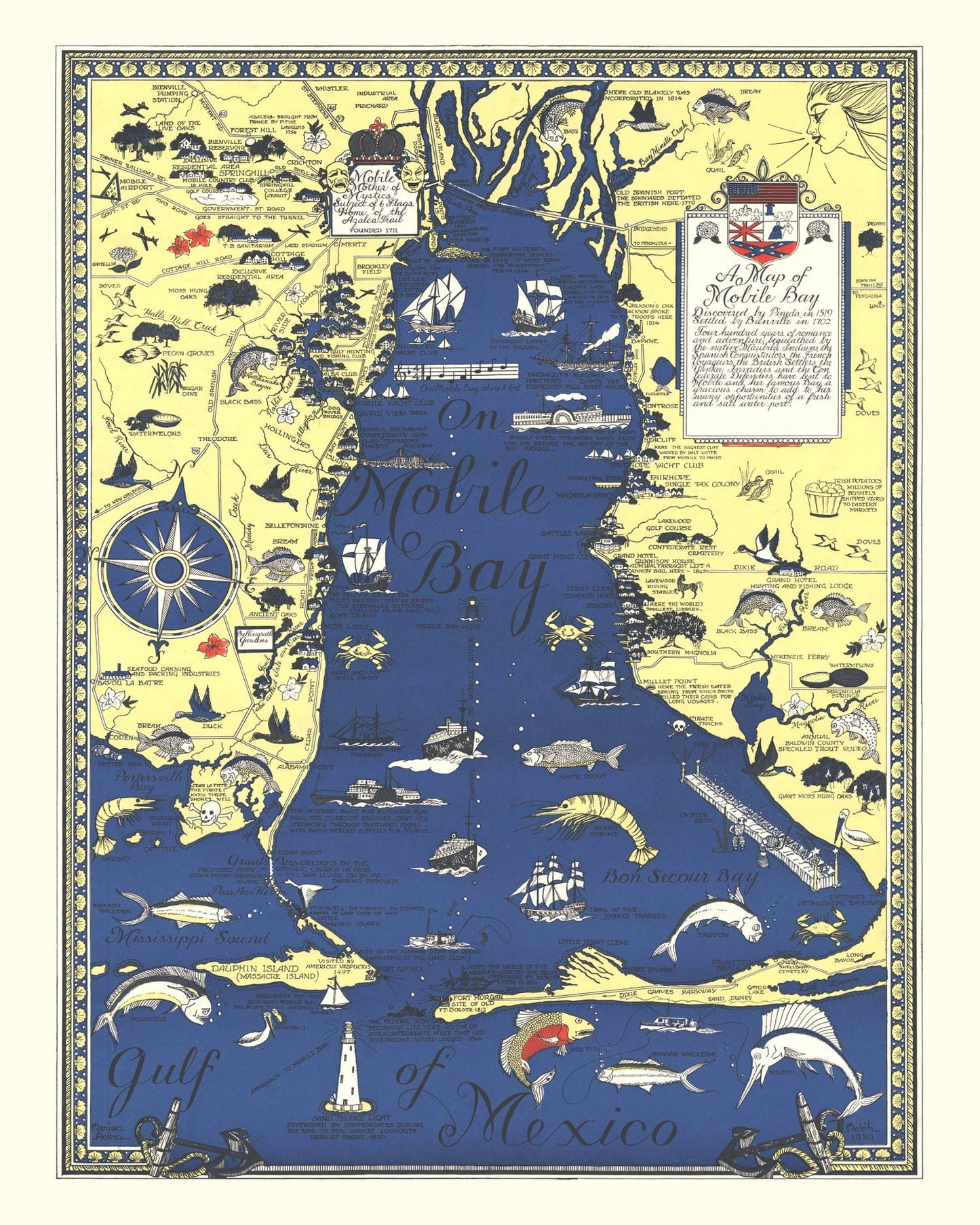 Vintage Map of Mobile Bay, 1950
