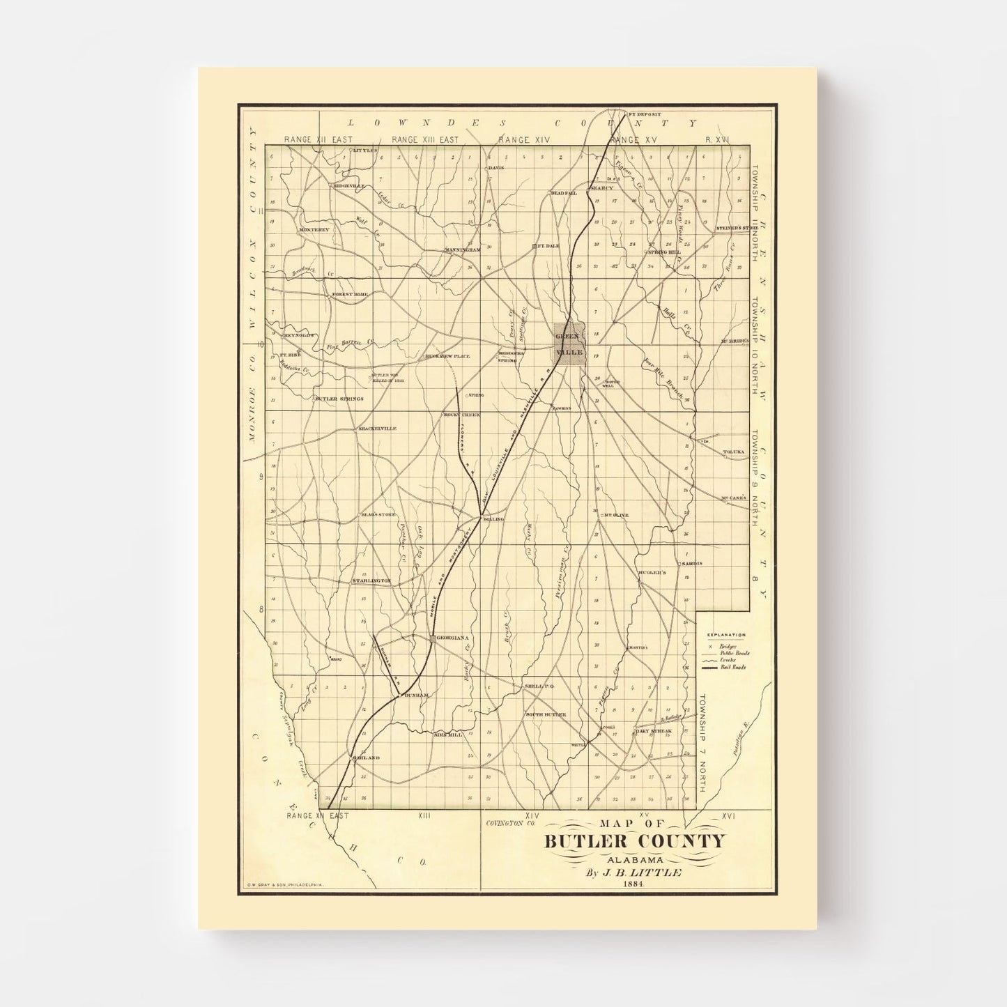 Vintage Map of Butler County, Alabama 1884