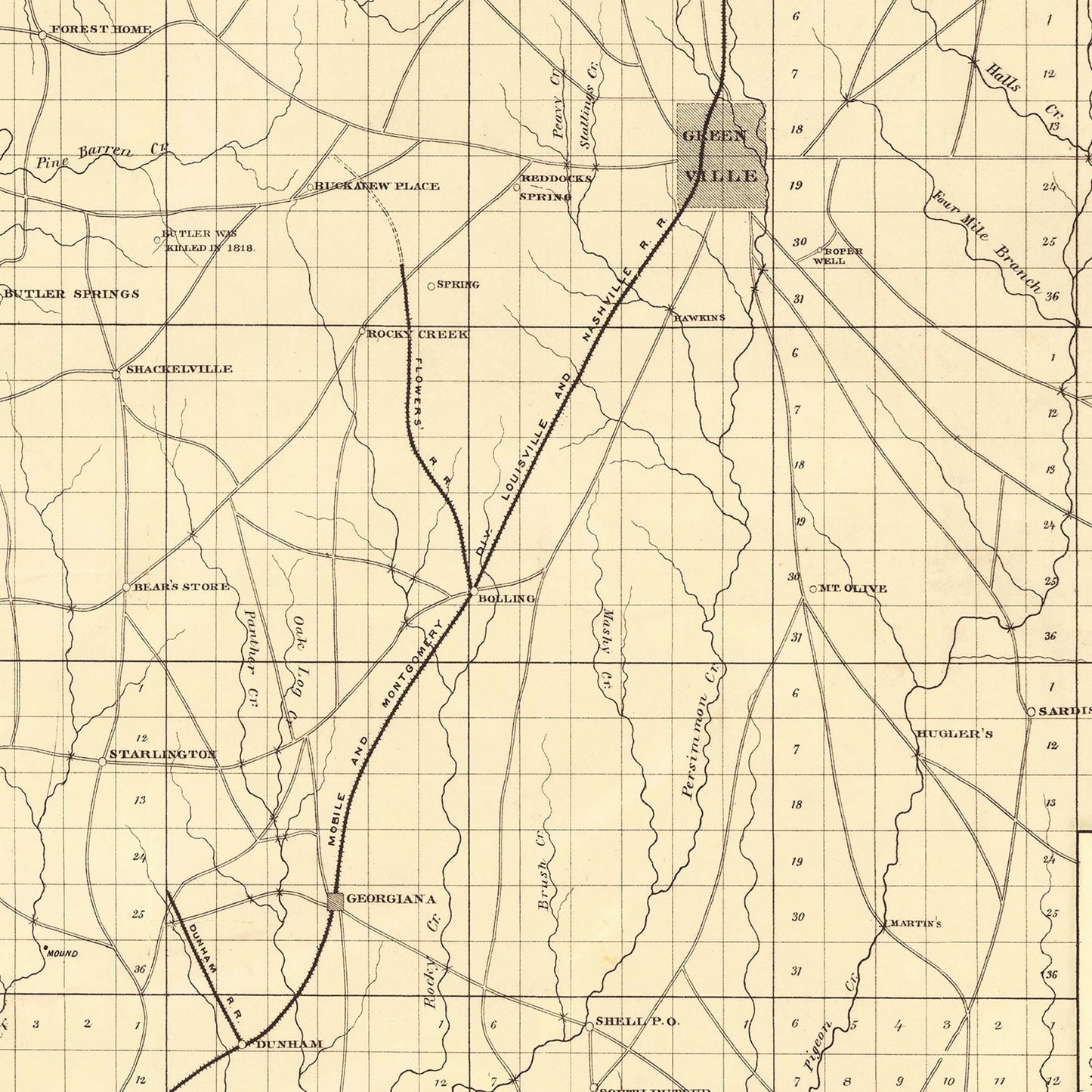 Vintage Map of Butler County, Alabama 1884