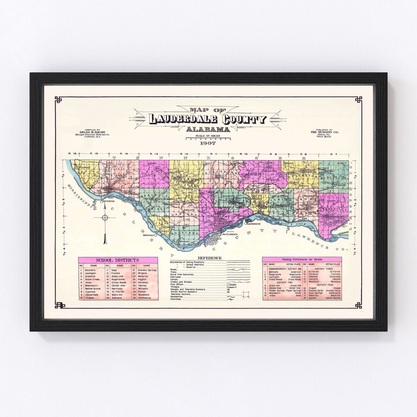 Vintage Map of Lauderdale County, Alabama 1907