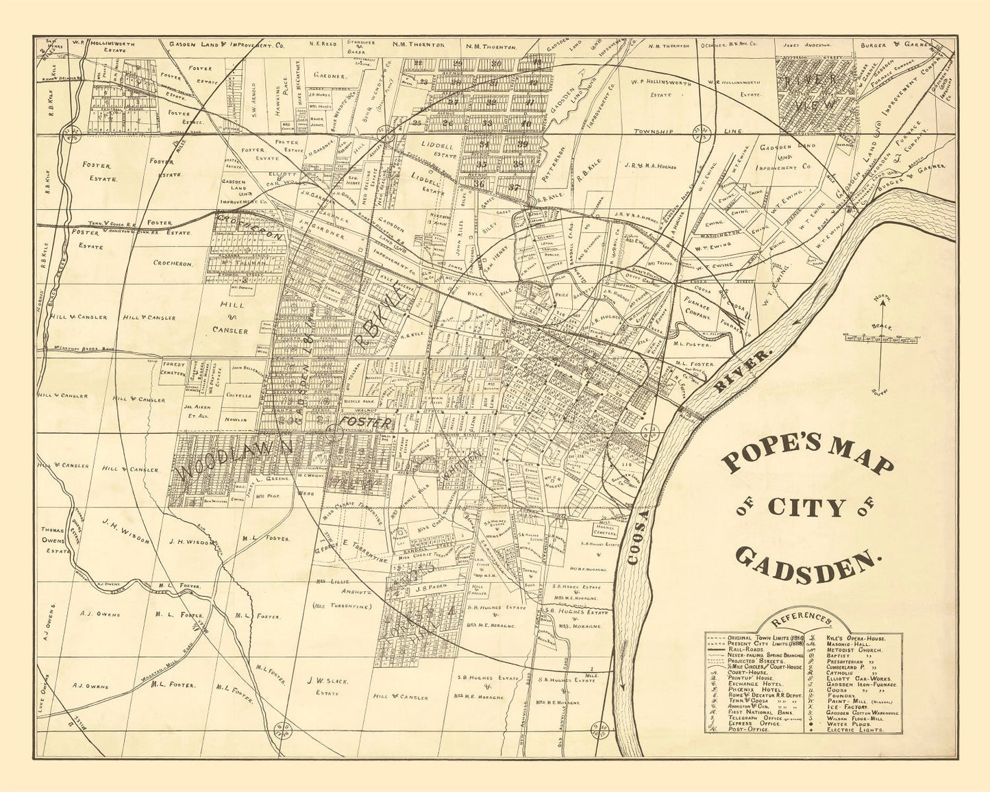 Vintage Map of Gadsden, Alabama 1888